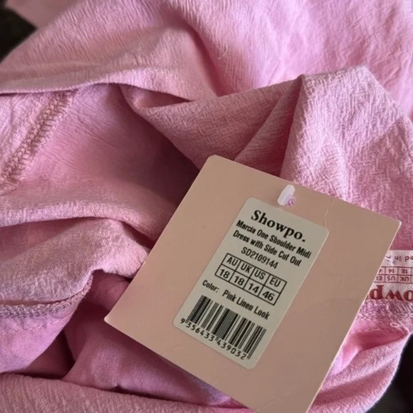 SHOWPO MARCIA MIDI DRESS - ONE SHOULDER DRESS WITH SIDE CUT OUT IN PINK - Picture 4 of 9